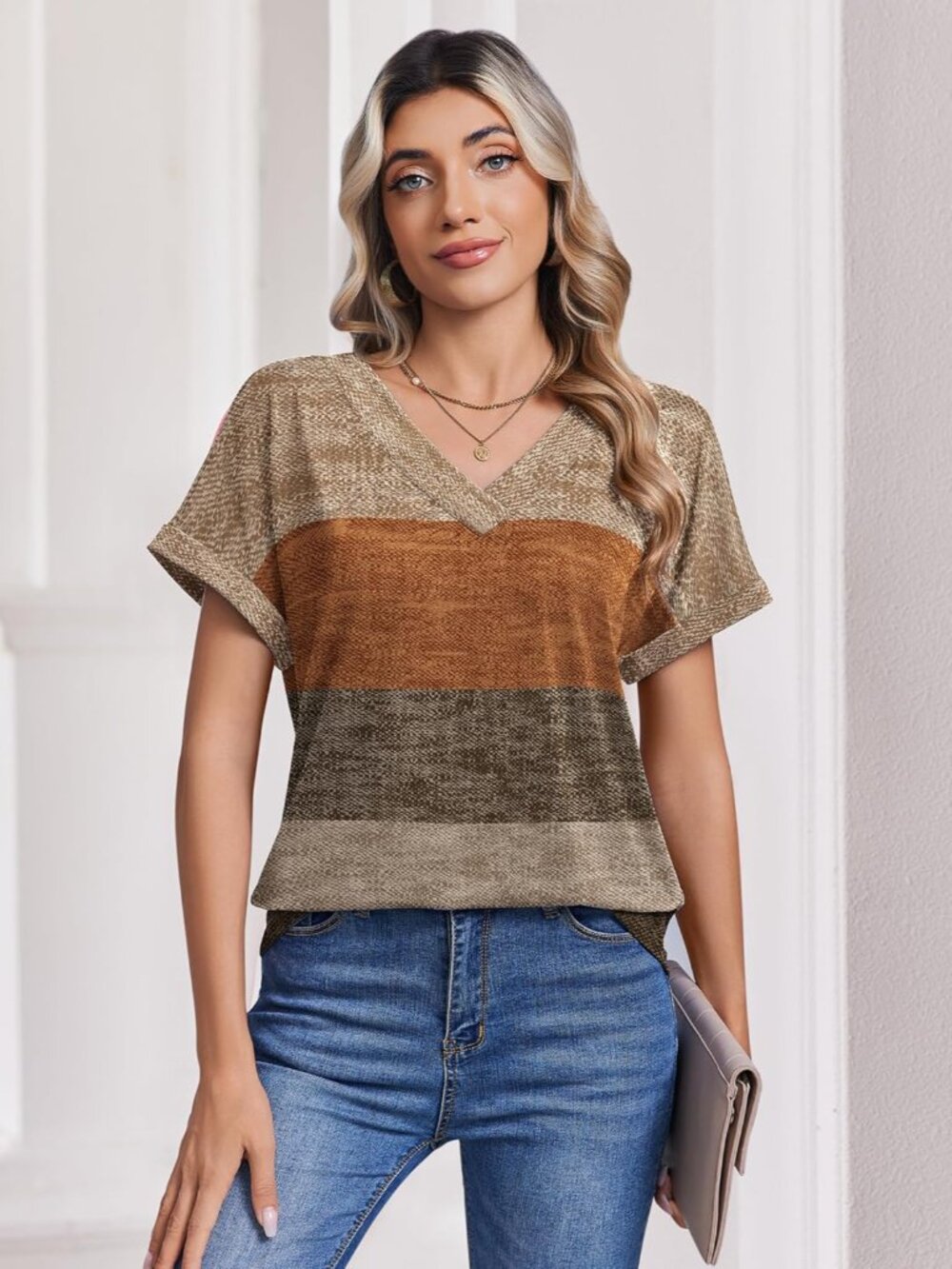 Womens Summer Tops Rolled Short Sleeve V Neck Shirts Casual Dressy Business Work - Picture 5 of 6